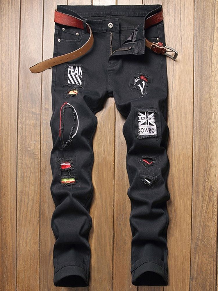 Bokstav Raka Applikationer Casual Mid Waist Jeans