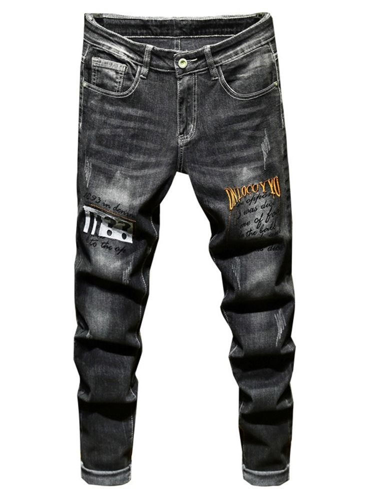 Bokstavsficka Zipper Mid Waist Jeans För Män