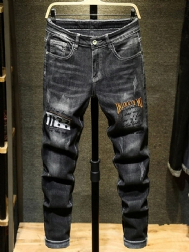 Bokstavsficka Zipper Mid Waist Jeans För Män