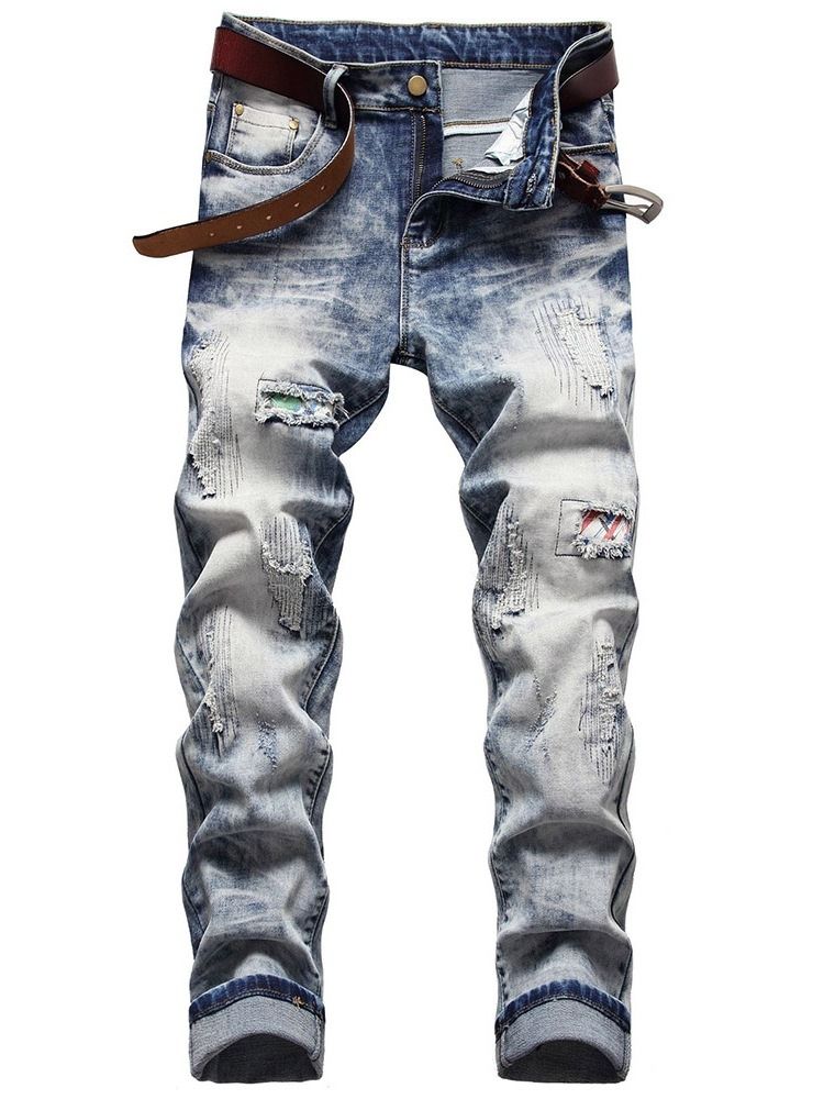 Bra Kvalitet Slitna Jeans Med Rak Midja Med Dragkedja