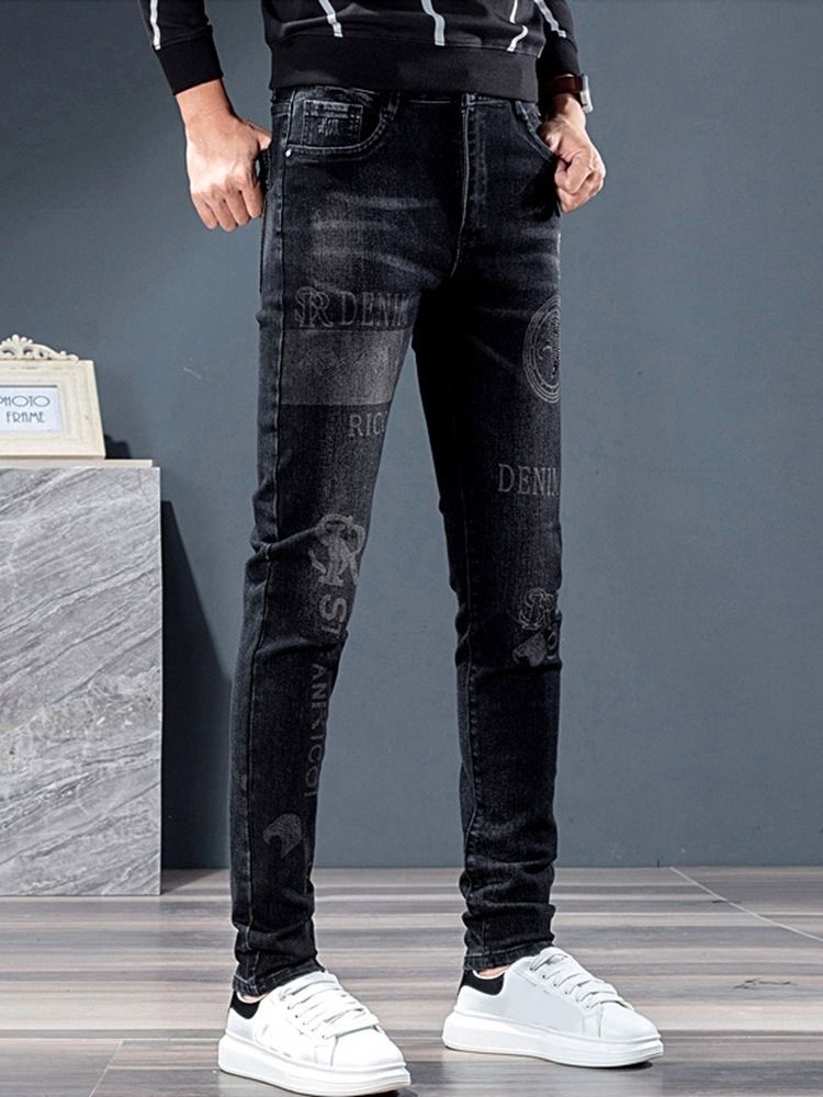 Broderi Pencil Byxor Koreansk Zipper Jeans