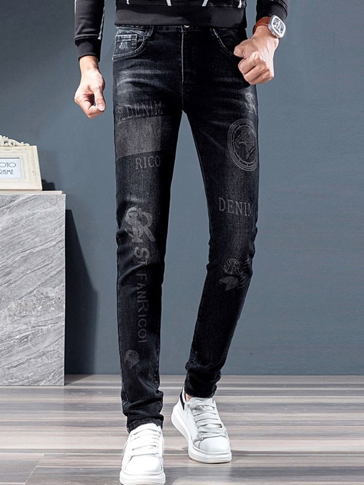 Broderi Pencil Byxor Koreansk Zipper Jeans