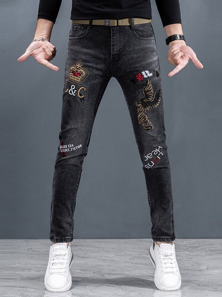 Broderi Pencil Byxor Koreansk Zipper Jeans