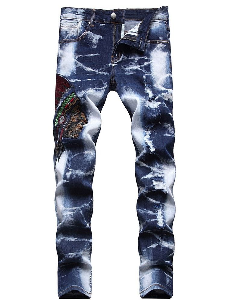 Broderi Raka Casual Jeans Med Mitten Av Midjan