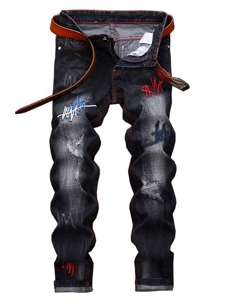 Broderi Raka Mäns Casual Zipper Ripped Jeans