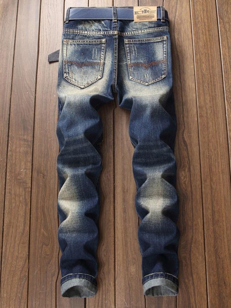 Color Block Mörkblå Ripped Jeans För Män