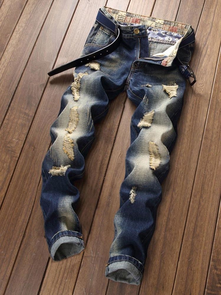 Color Block Mörkblå Ripped Jeans För Män