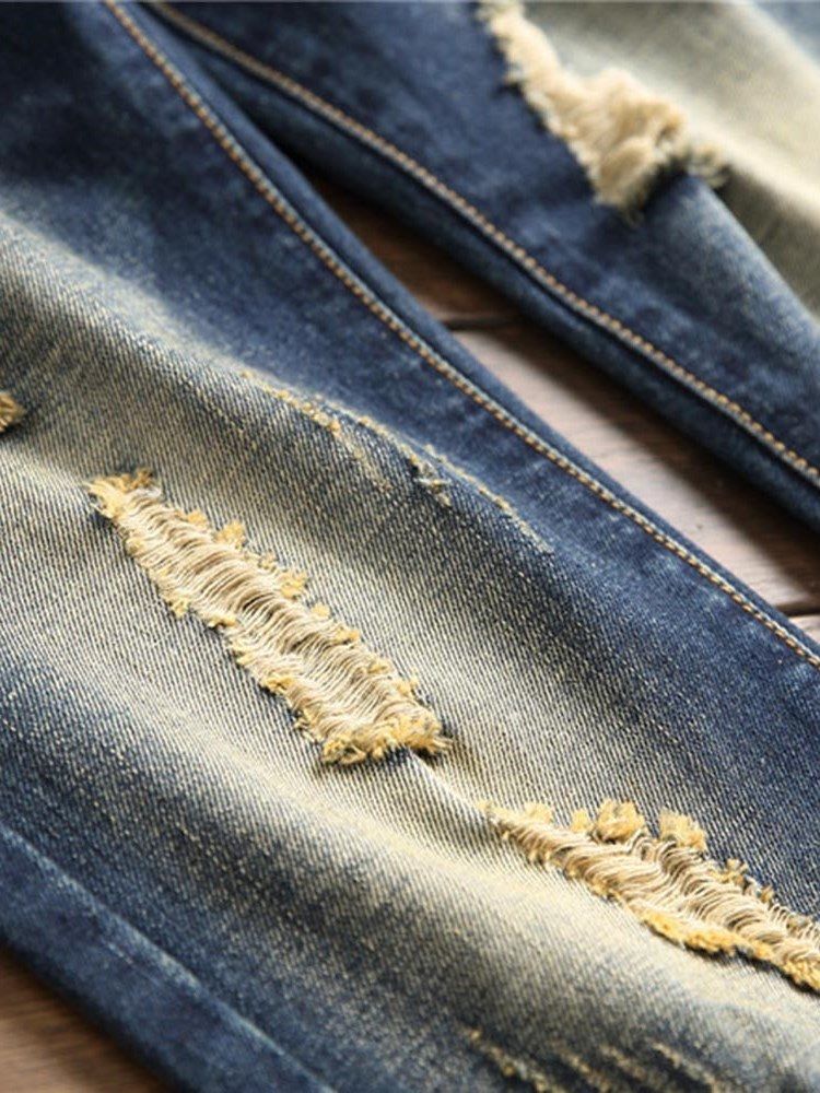 Color Block Mörkblå Ripped Jeans För Män