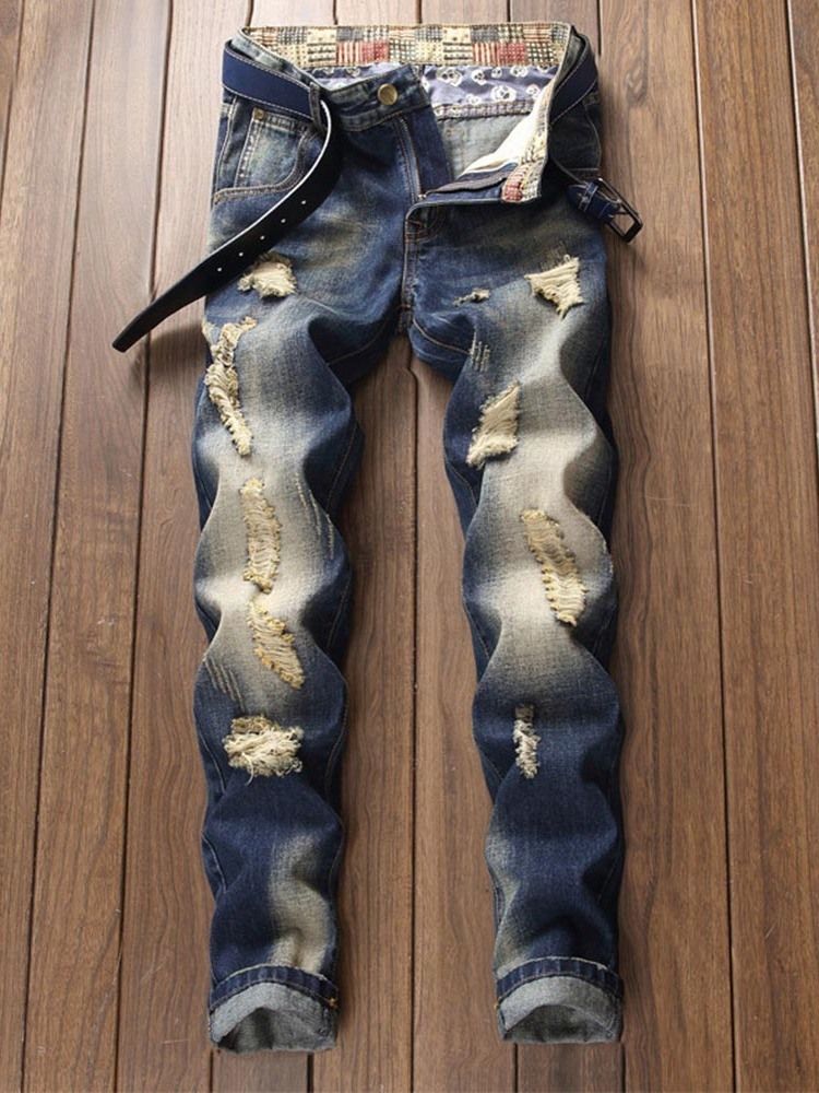Color Block Mörkblå Ripped Jeans För Män