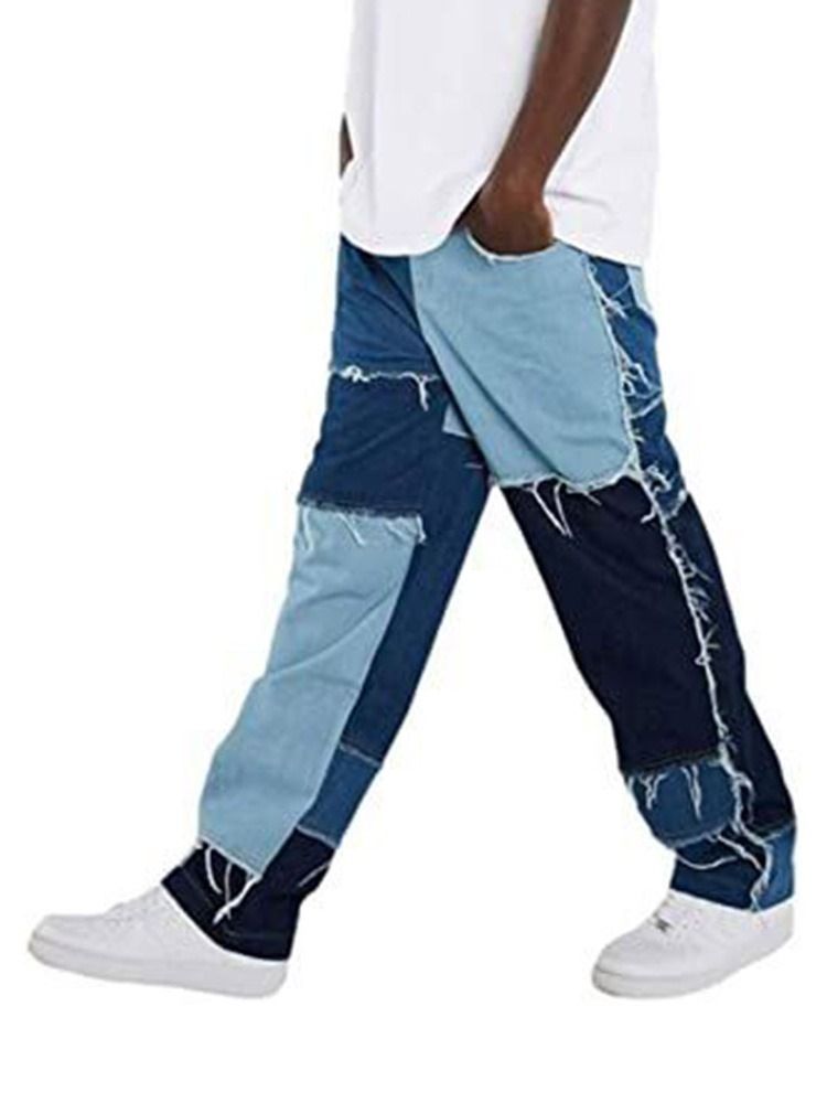 Color Block Patchwork Hip Hop Dragkedja Herr Jeans