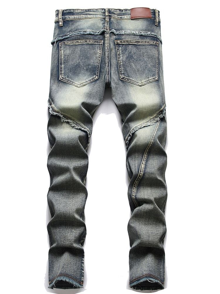 Color Block Pocket Fashion Mid Waist Jeans För Män