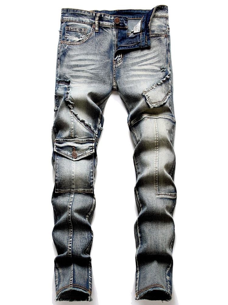 Color Block Pocket Fashion Mid Waist Jeans För Män