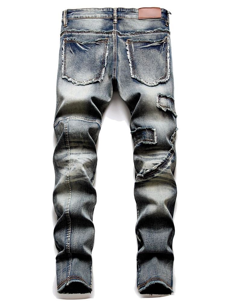 Color Block Pocket Fashion Mid Waist Jeans För Män