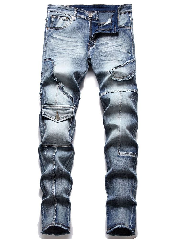 Color Block Pocket Fashion Mid Waist Jeans För Män