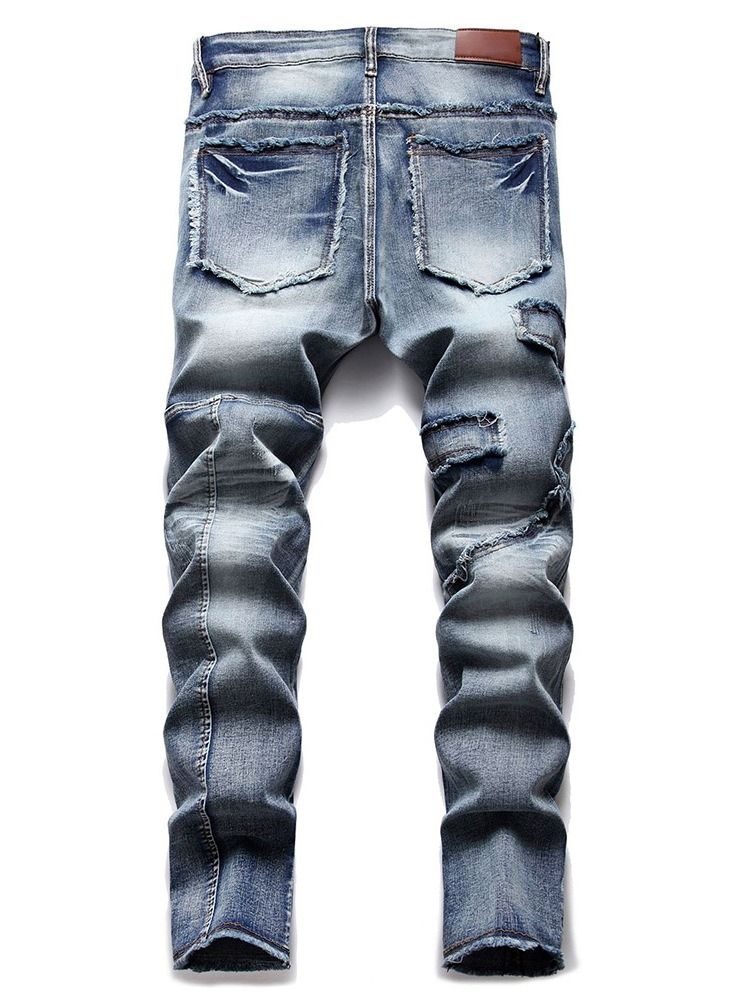 Color Block Pocket Fashion Mid Waist Jeans För Män