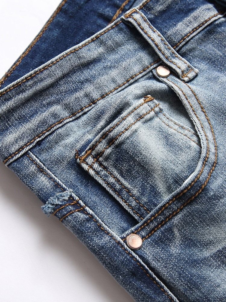 Color Block Pocket Fashion Mid Waist Jeans För Män