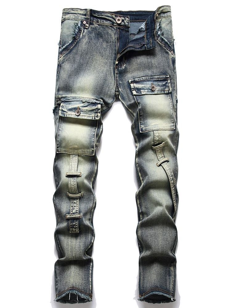 Color Block Pocket Fashion Mid Waist Jeans För Män