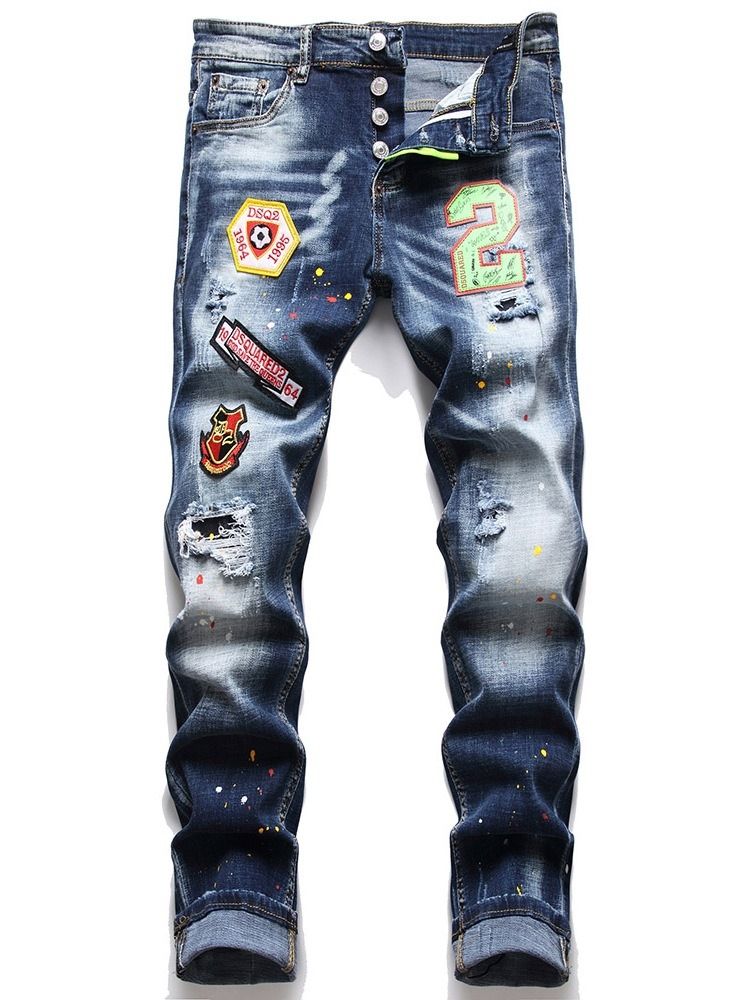 Colour Block Hole Jeans Med Knapp I Mitten Av Midjan