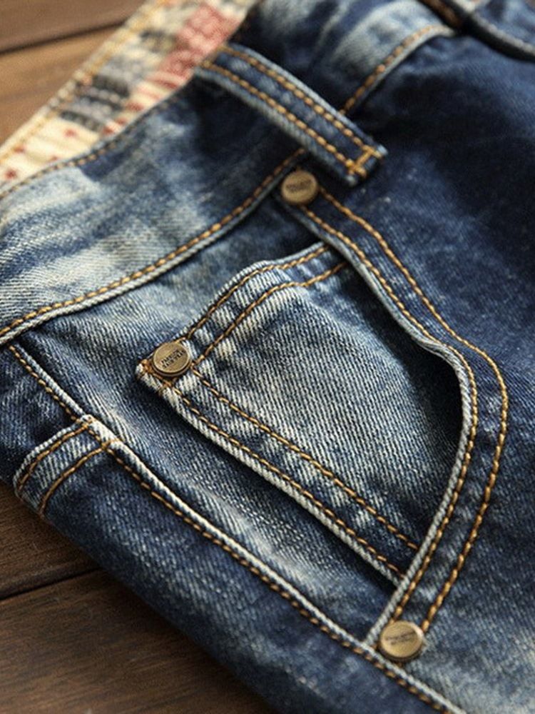 Colour Block Pocket Zipper Mid Waist Jeans