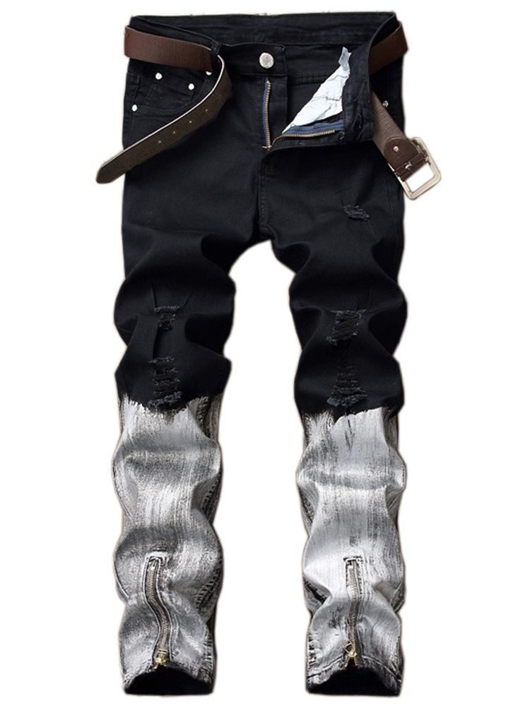 Dragkedja Unikt Lappat Färgblock Casual Herrjeans