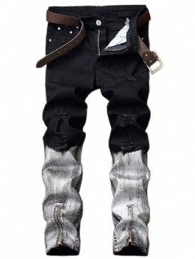 Dragkedja Unikt Lappat Färgblock Casual Herrjeans
