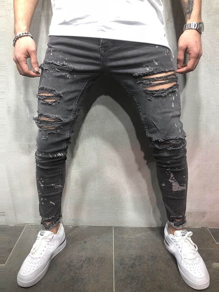 Enfärgat Tryckt Midja Slitna Jeans För Män