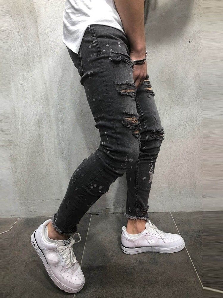 Enfärgat Tryckt Midja Slitna Jeans För Män