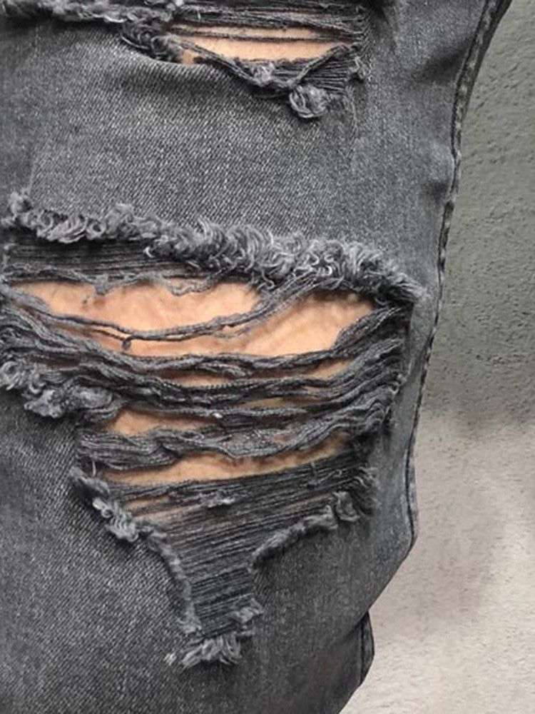 Enfärgat Tryckt Midja Slitna Jeans För Män