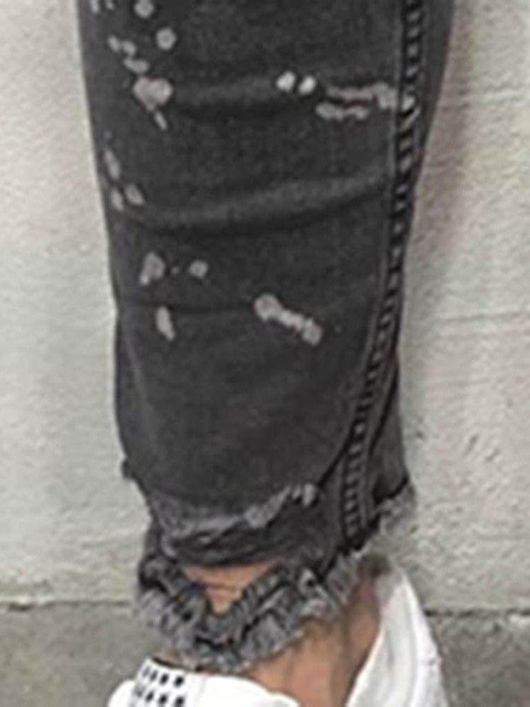 Enfärgat Tryckt Midja Slitna Jeans För Män