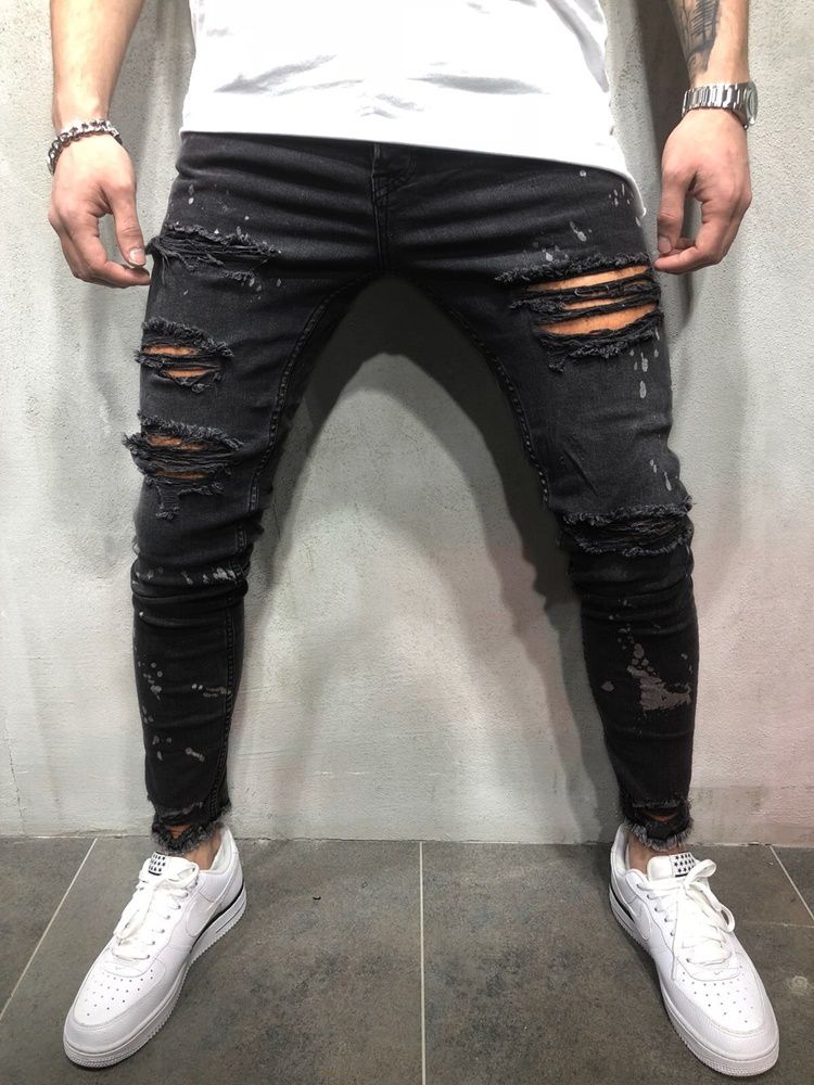 Enfärgat Tryckt Midja Slitna Jeans För Män