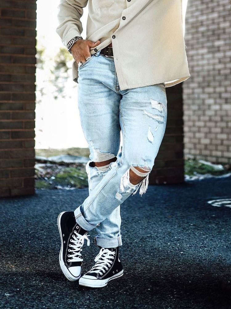 Enkla Jeans Med Raka Hål Med Dragkedja