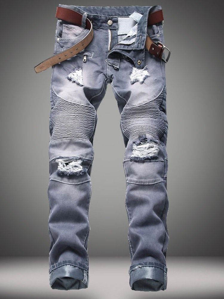 Enkla Plisserade Smala Mäns Casual Ripped Jeans