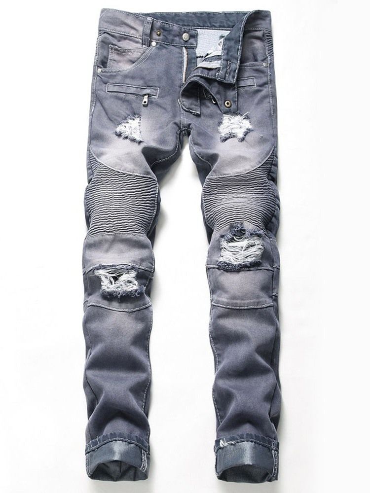 Enkla Plisserade Smala Mäns Casual Ripped Jeans