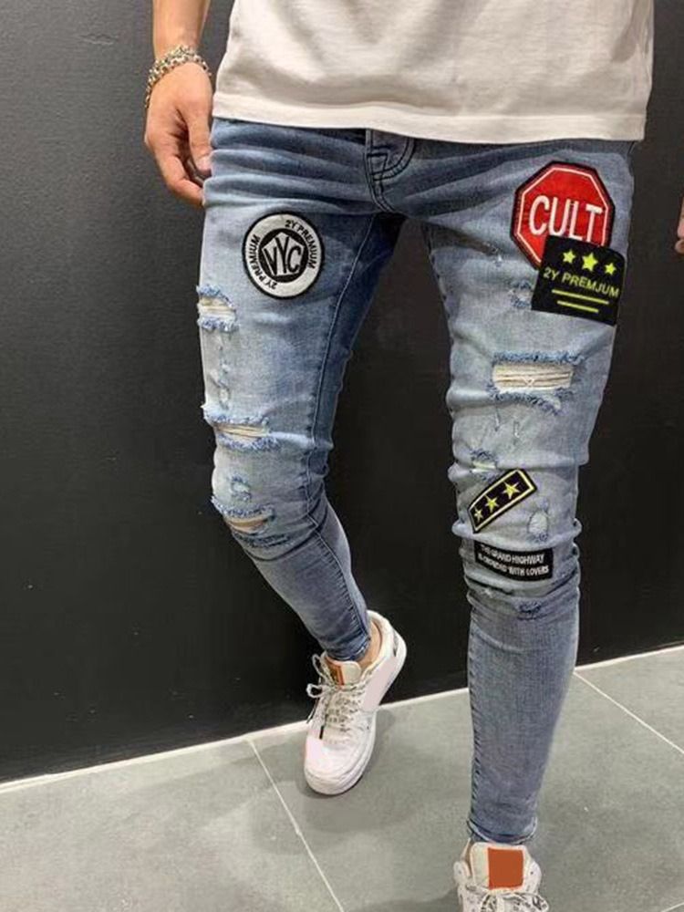 Färgblock Hål Pencil Byxor Mode Mäns Dragkedja Jeans