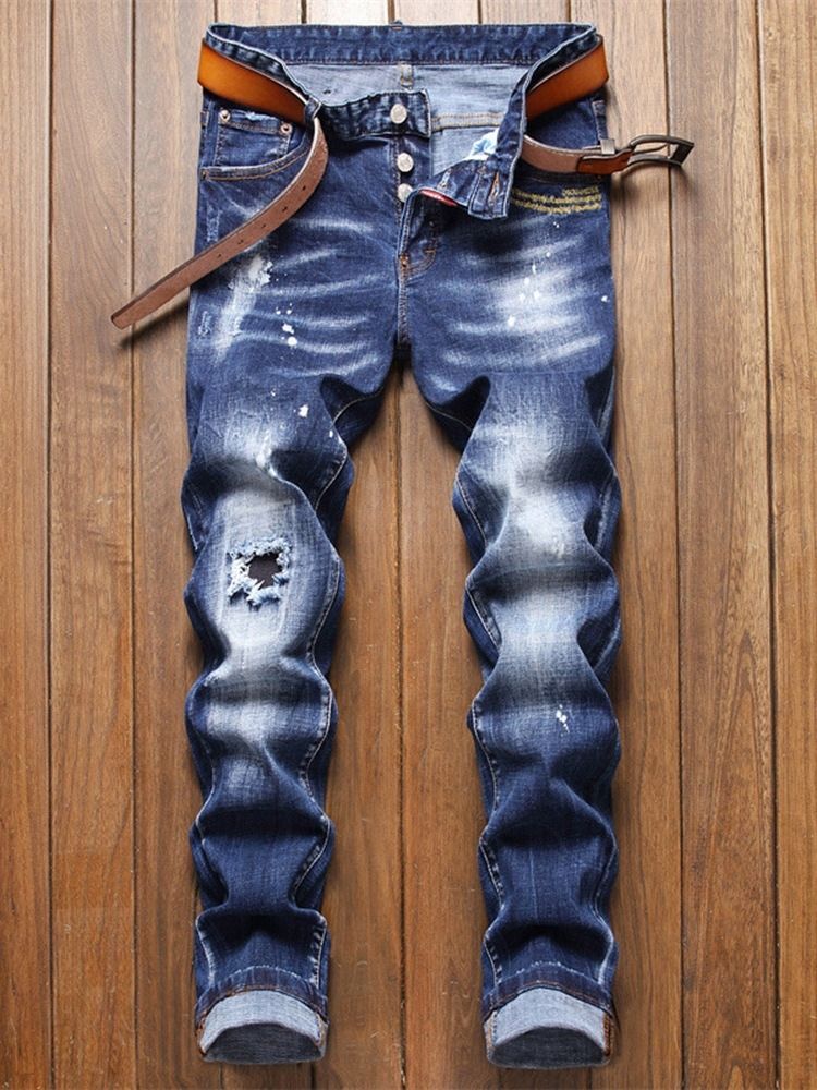 Hål Color Block Zipper Fashion Jeans