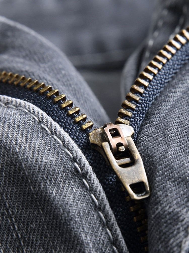 Hål Dragkedja Mid Waist Jeans För Män
