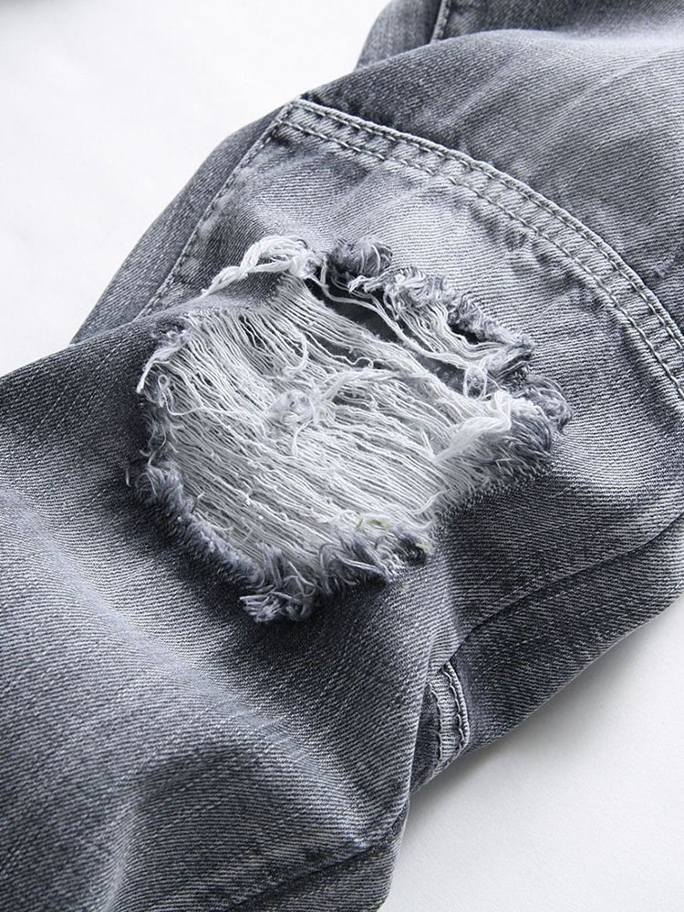 Hål Dragkedja Mid Waist Jeans För Män