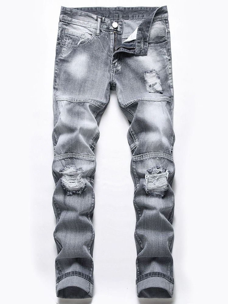 Hål Dragkedja Mid Waist Jeans För Män
