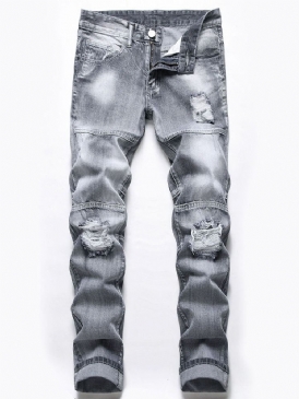 Hål Dragkedja Mid Waist Jeans För Män