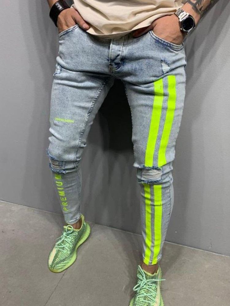 Hål Pencil Byxor Bokstav Dragkedja Mid Waist Casual Jeans