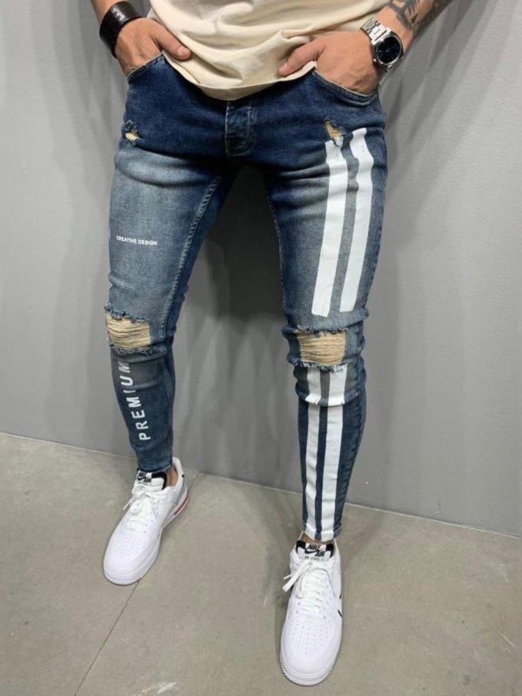 Hål Pencil Byxor Bokstav Dragkedja Mid Waist Casual Jeans
