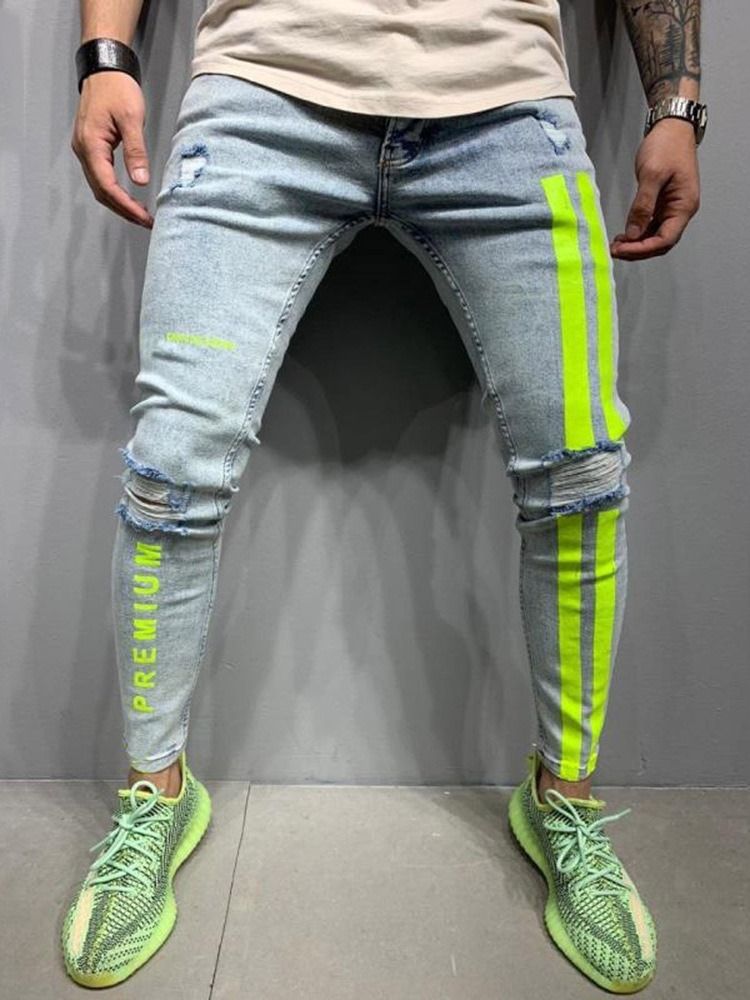 Hål Pencil Byxor Bokstav Dragkedja Mid Waist Casual Jeans