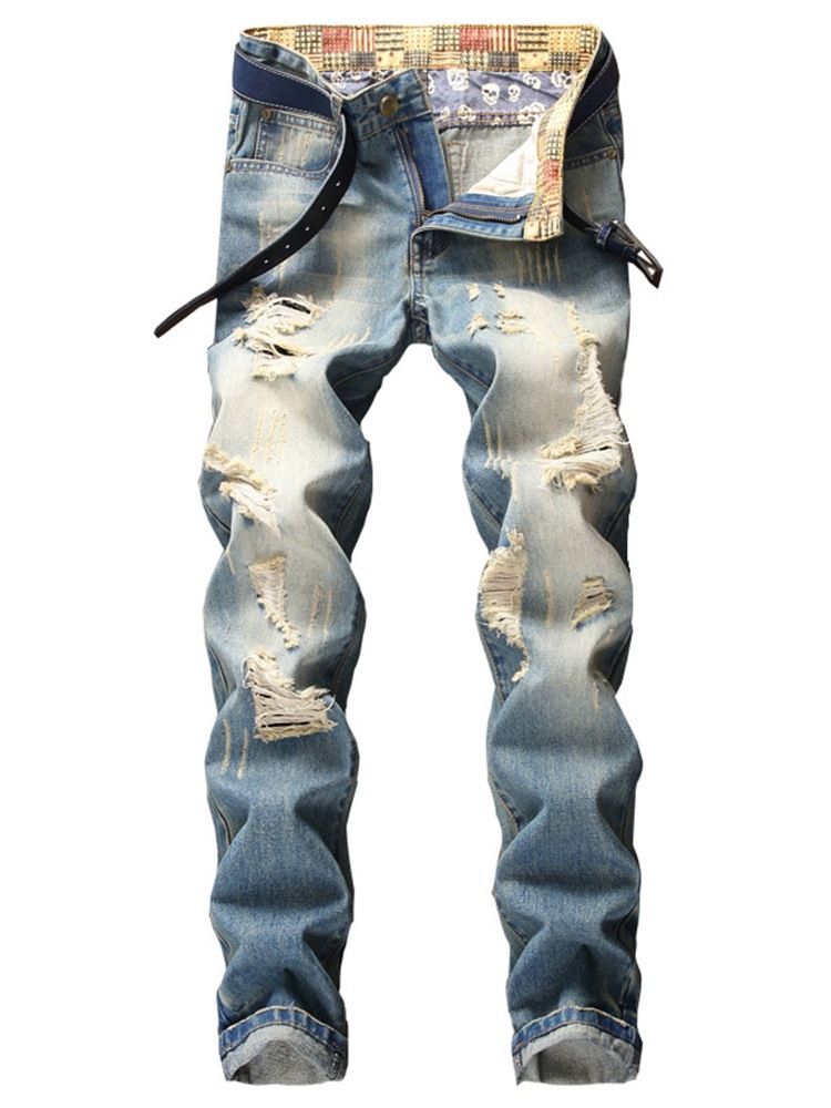 Hål Pencil Byxor Color Block Gradient Dragkedja Mid Waist Jeans