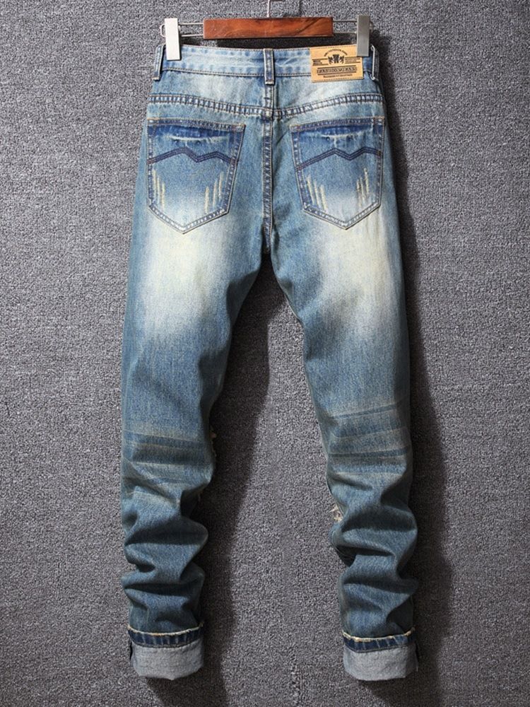 Hål Pencil Byxor Color Block Gradient Dragkedja Mid Waist Jeans