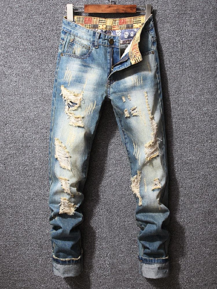 Hål Pencil Byxor Color Block Gradient Dragkedja Mid Waist Jeans