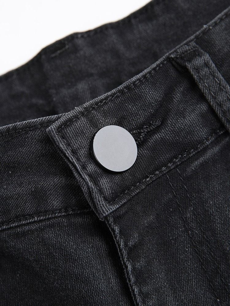 Hål Pencil Byxor Vanlig Dragkedja Mid Waist Casual Jeans