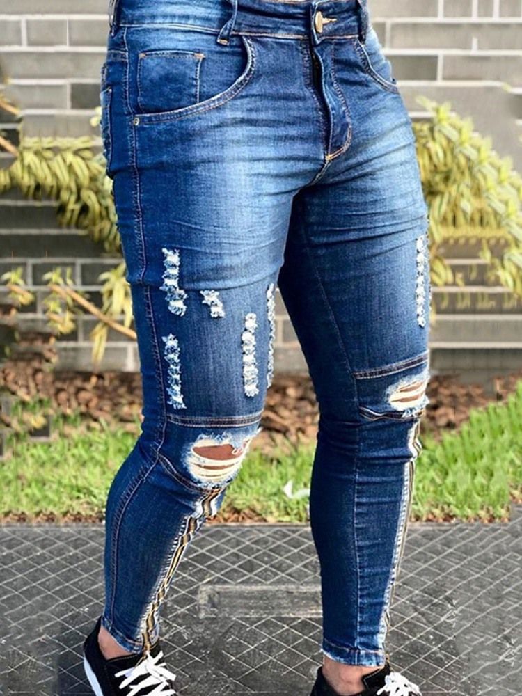 Hål Pencil Byxor Vanliga Mid Waist Zipper Jeans