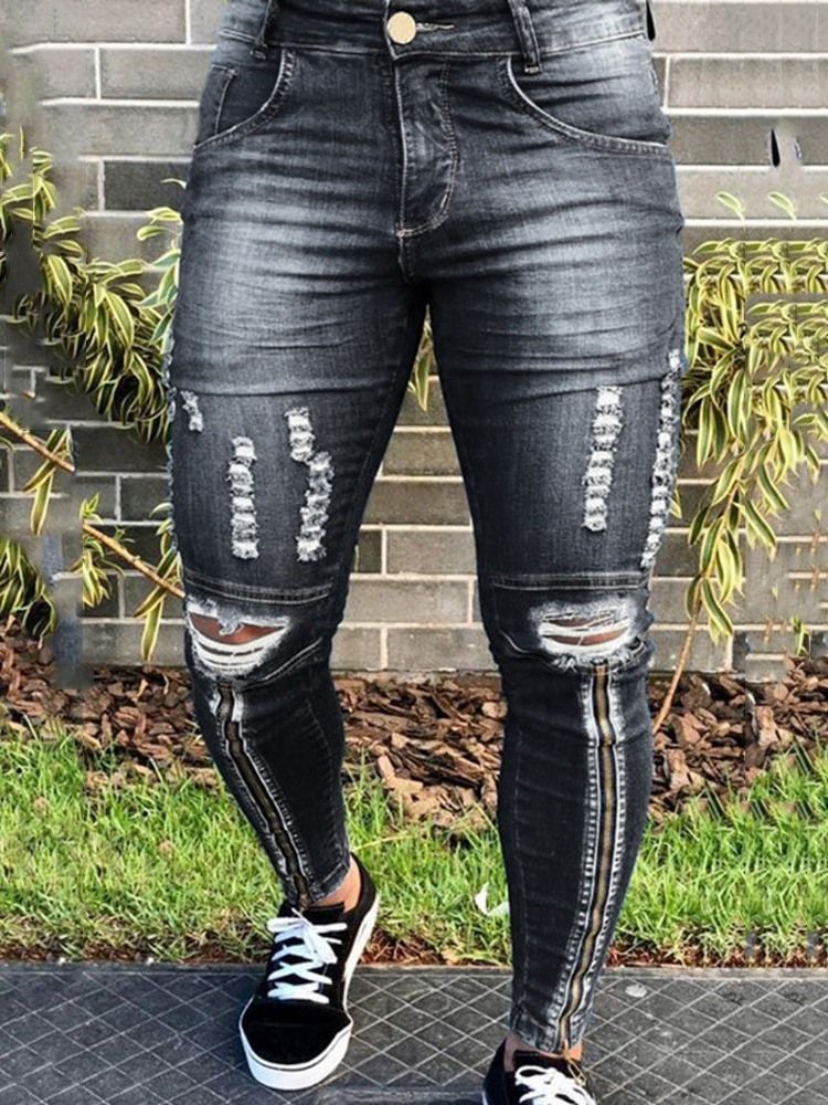 Hål Pencil Byxor Vanliga Mid Waist Zipper Jeans