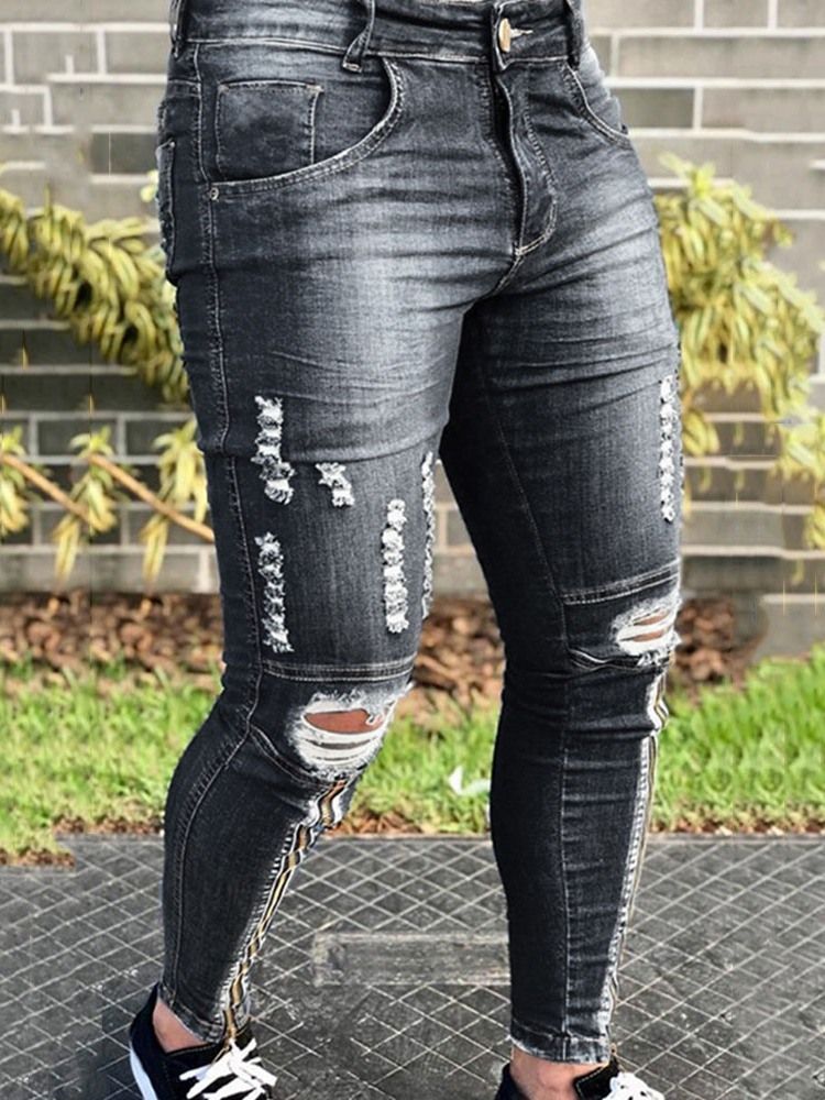 Hål Pencil Byxor Vanliga Mid Waist Zipper Jeans