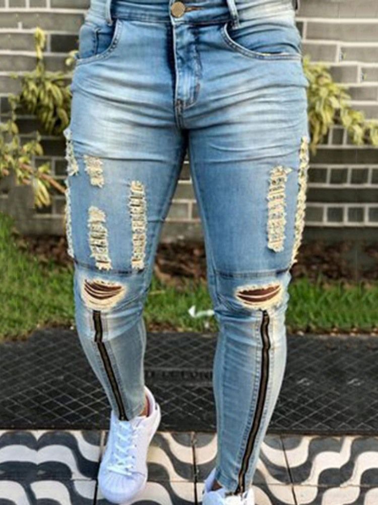 Hål Pencil Byxor Vanliga Mid Waist Zipper Jeans